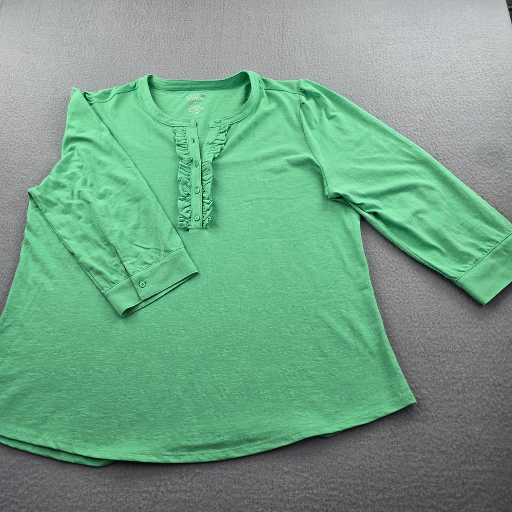 Croft & Barrow Blouse Top Womens Large Green Knit Cotton Ruffle Trim Henley Neck